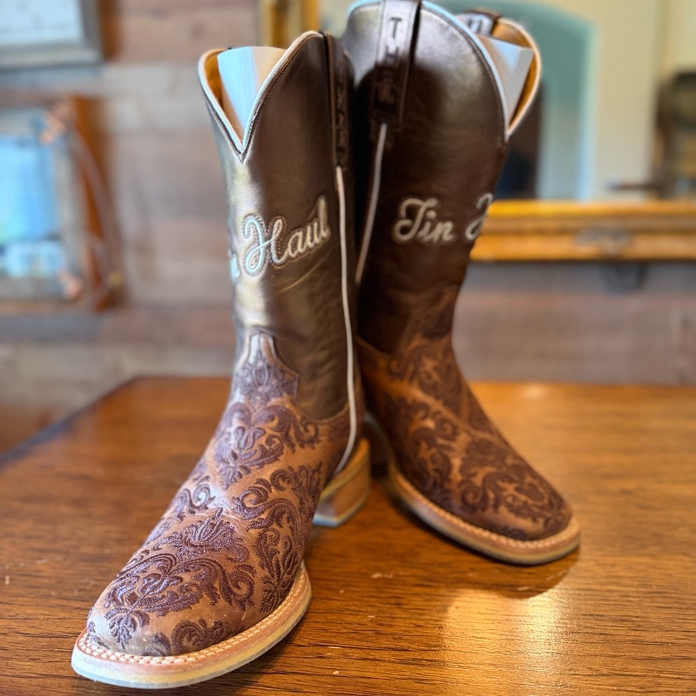 Tin Haul Brown Cowboy Boots with Floral Tooled Leather